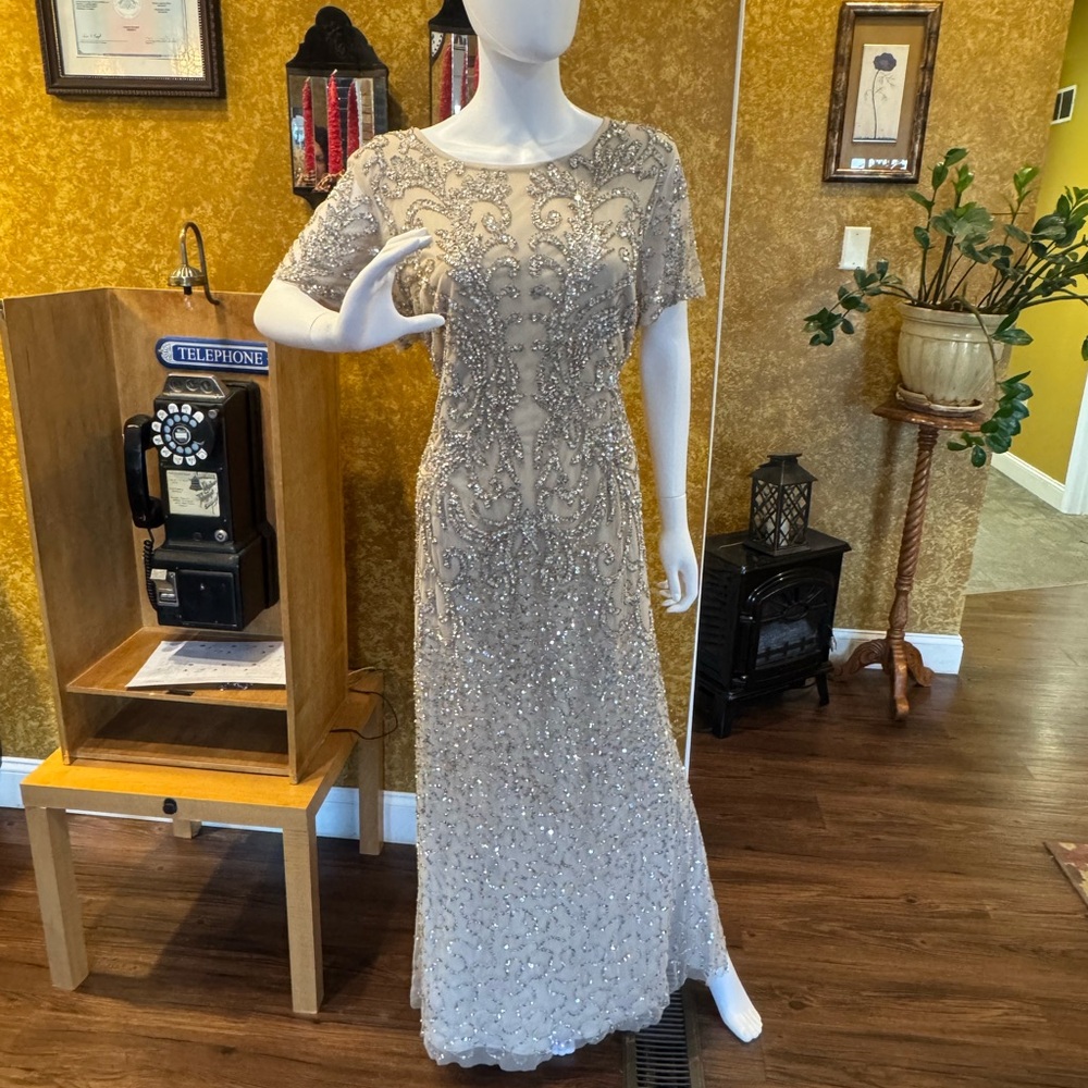 Adrianna Papell Silver Beaded Maxi Dress